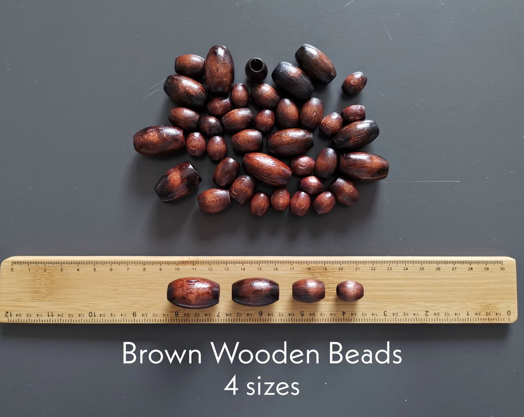 VARNISHED WOODEN BEADS -  4 Size Dark Brown Oval Wooden Macrame Beads